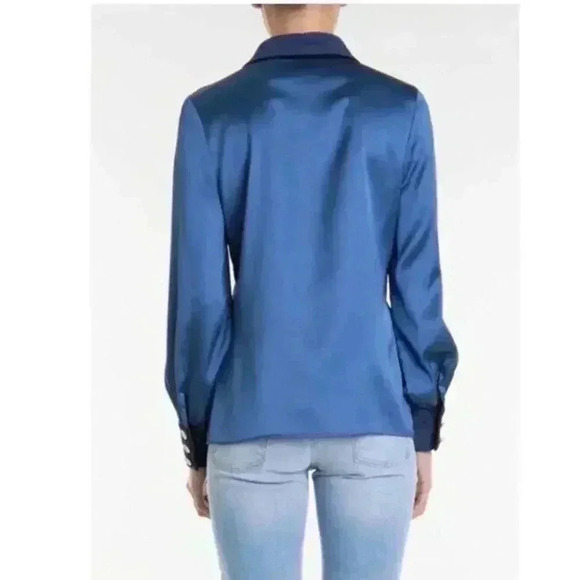 Edward Achour Paris Satin Button Up Shirt 44 Blouse Patch Pocket Metallic Button - Picture 2 of 10